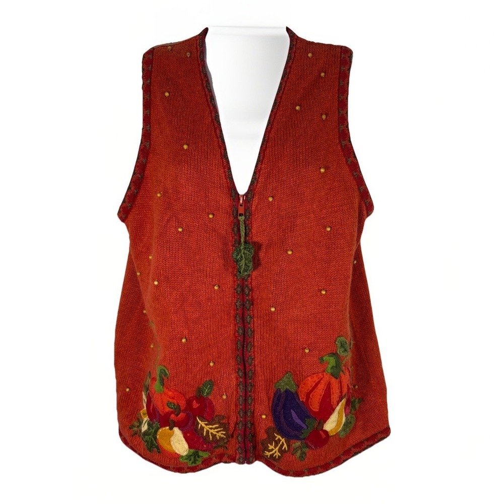 Vtg Tiara International Fall Harvest Sweater Vest Orange Pumpkin Zip Up Small